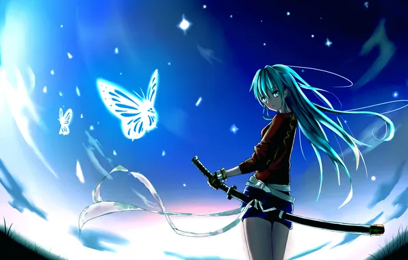 The sky, look, girl, clouds, butterfly, weapons, katana, stars