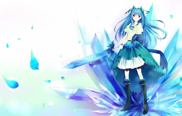 Picture sword, art, girl, white background, crystals, blue hair, skycrystali