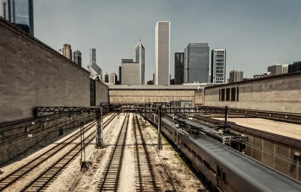 Skyscrapers, railroad, trains, USA, Chicago, Chicago, illinois
