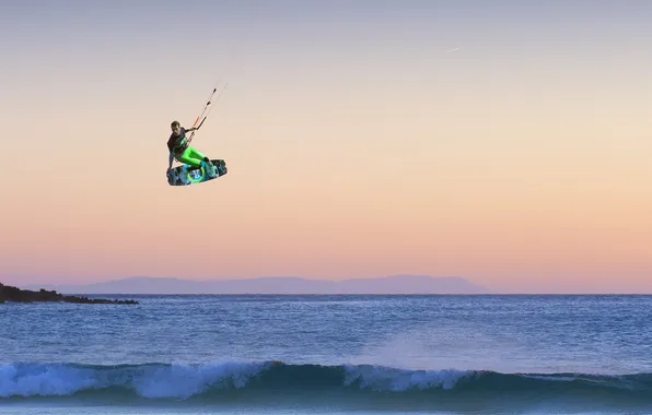 Sea, wave, the sky, flight, sunset, island, horizon, extreme sports