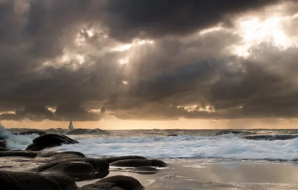 Sea, wave, beach, the sky, clouds, light, sailboat