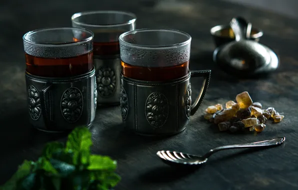 Metal, the dark background, tea, Board, spoon, the tea party, lollipops, glasses