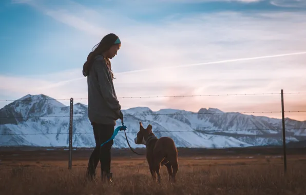 Picture mountains, Girl, dog