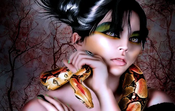 Eyes, girl, trees, snake, ring, shadows