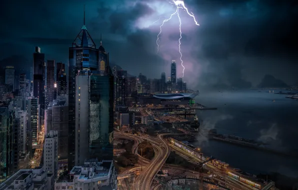 The storm, lightning, building, road, home, Hong Kong, Bay, night city