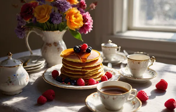 Light, flowers, berries, table, tea, window, Cup, vase