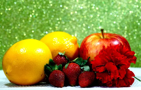 Flower, light, red, glare, berries, table, Apple, strawberry