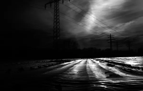 Snow, treatment, Power lines, b & W photo