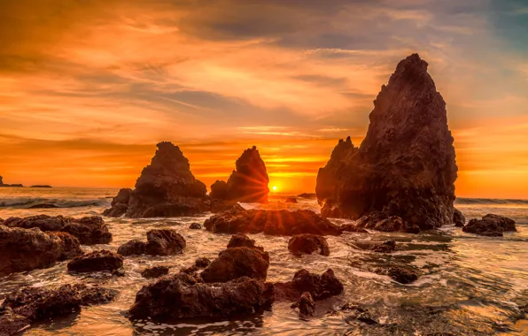 Sea, wave, the sky, the sun, clouds, rays, light, landscape