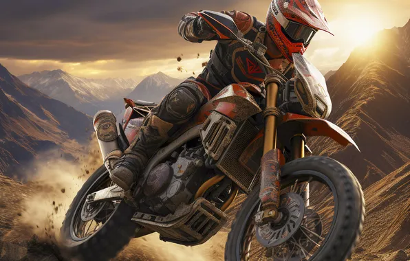 Mountains, Dawn, Motorcycle, Male, Digital art, Athlete, Motorsport, AI art