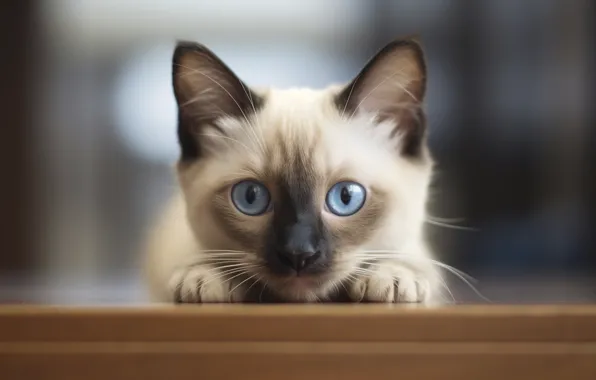 Cat, look, pose, kitty, table, portrait, legs, blue eyes
