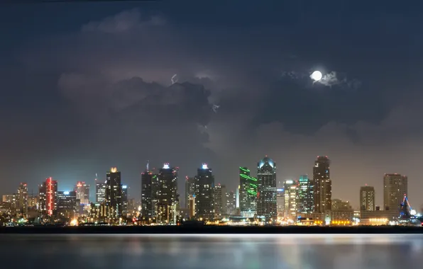 The storm, water, night, clouds, the city, lights, river, the moon