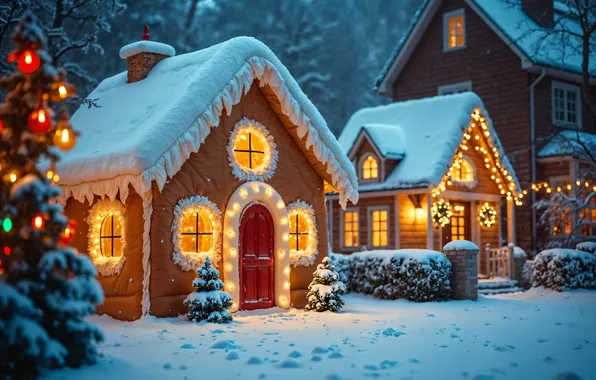 Snow, decoration, night, lights, house, tree, Christmas, New year