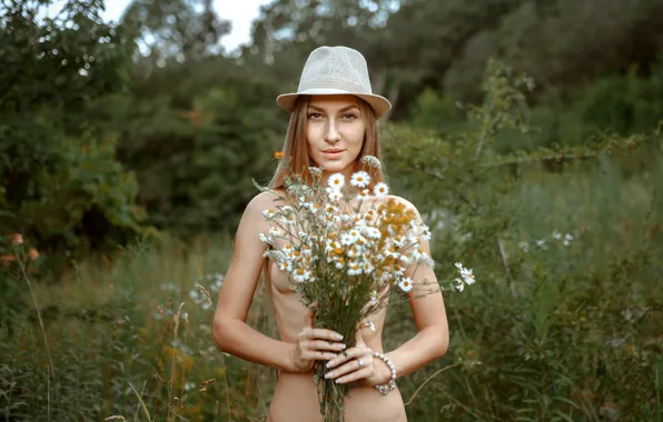 Chest, grass, look, trees, flowers, nature, pose, model