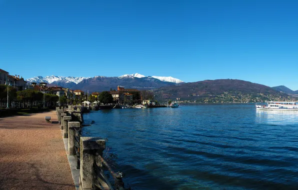 Mountains, lake, home, lights, Italy, promenade, ships, Baveno