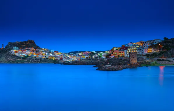 Night, lights, castle, village, Italy, Bay, Sardinia