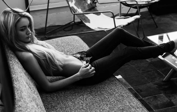 Black&white, girl, monochrome, model, jeans, topless, hair, blonde