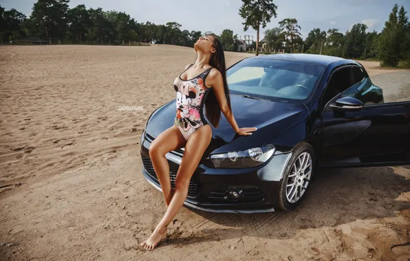 Picture sand, machine, auto, beach, swimsuit, girl, pose, figure