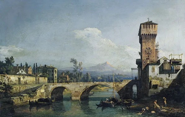 Picture landscape, the city, tower, picture, Venetian Capriccio: River, Bridge and Medieval town Gate, Giovanni Antonio …