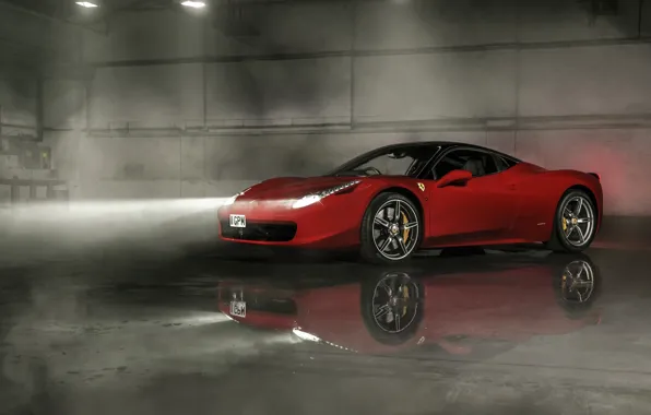 Picture Ferrari, Red, 458, Front, Smoke, Italia, Wheels, Reflection