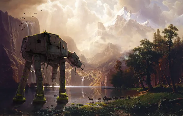 Forest, mountains, lake, star wars, imperial walker