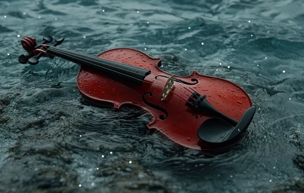 Water, music, violin, pond, in the water, musical instrument, AI art, neural network