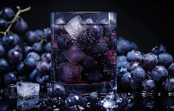 Drops, blue, glass, the dark background, table, moisture, ice, juice