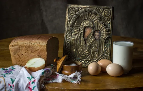 Picture eggs, village, milk, bread, still life, icon, salt