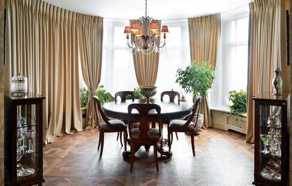 Design, style, chairs, interior, plants, round table, dining room in the bay window