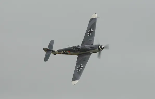 Flight, the plane, the gray sky, Messerschmitt Bf 109