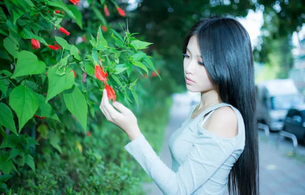 Flowers, branches, pose, model, hand, portrait, makeup, dress