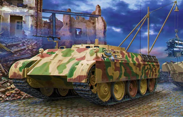 Picture war, art, painting, tank, ww2, SdKfz 179 Bergepanther