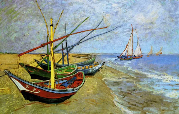 Sea, the sky, landscape, shore, picture, boats, Vincent Van Gogh