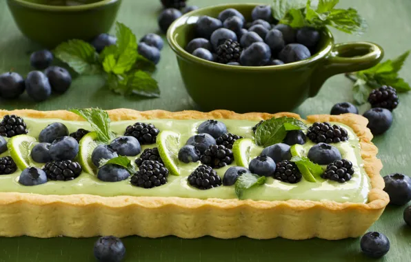 Picture leaves, blueberries, pie, lime, cakes, BlackBerry