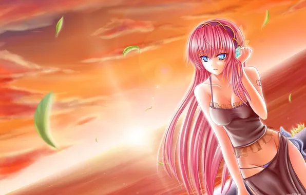 Leaves, girl, sunset, anime