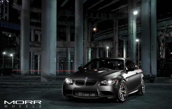 Night, black, the inscription, bmw, BMW, lights, columns, supercar