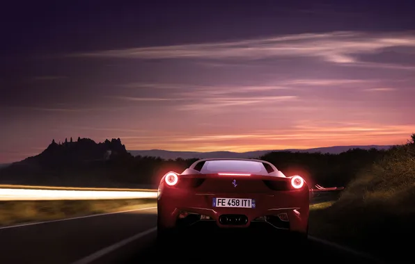 The sky, Red, The evening, Auto, Road, Ferrari, Ferrari, 458