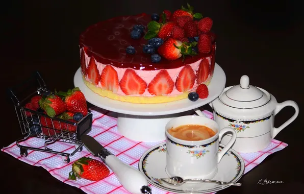 Picture berries, raspberry, coffee, strawberry, cake, blueberries