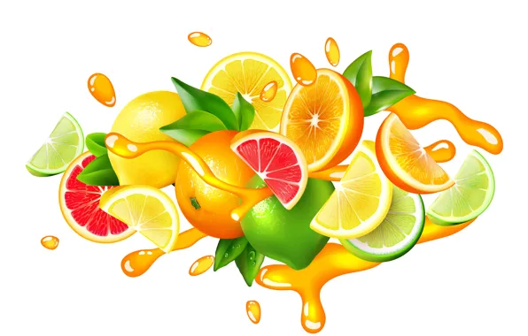 White, background, splash, colorful, juice, drops, lemonade, fruits