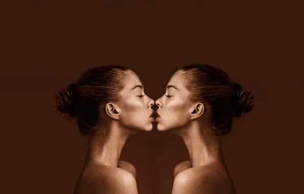 Girl, reflection, kiss, K I S S