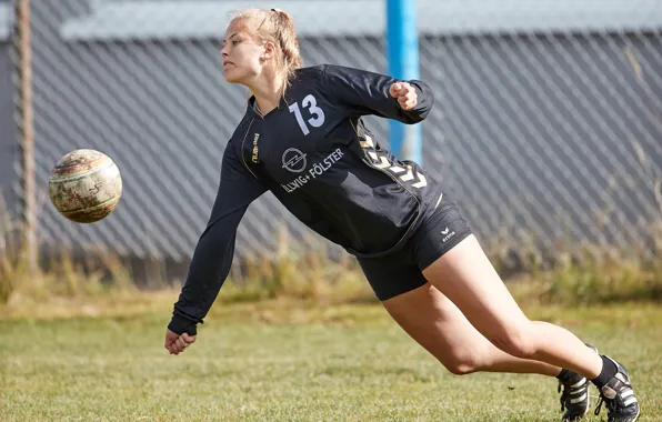 Grass, girl, the sun, lawn, football, the game, shorts, the ball