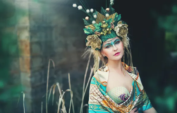 Chest, look, girl, decoration, flowers, nature, face, style