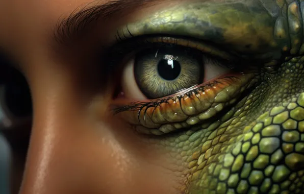 Look, girl, close-up, face, eyes, scales, leather, fantasy