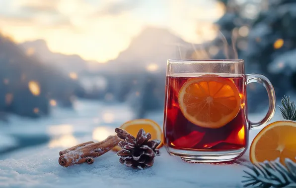 Winter, light, snow, mountains, nature, tea, glade, hot