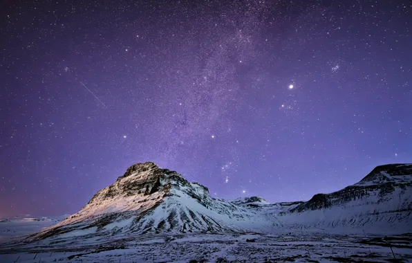 Picture the sky, stars, snow, mountains, night, The Milky Way, Iceland, lilac