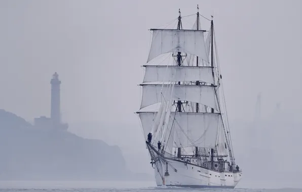 Fog, lighthouse, ship, sailboat, white sails