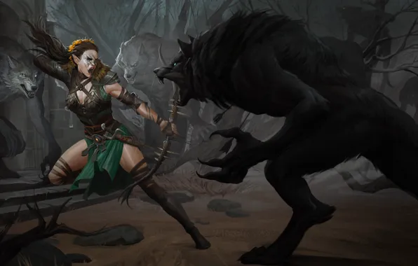 Girl, Forest, Bow, Fangs, Claws, Fight, Werewolves, Archer