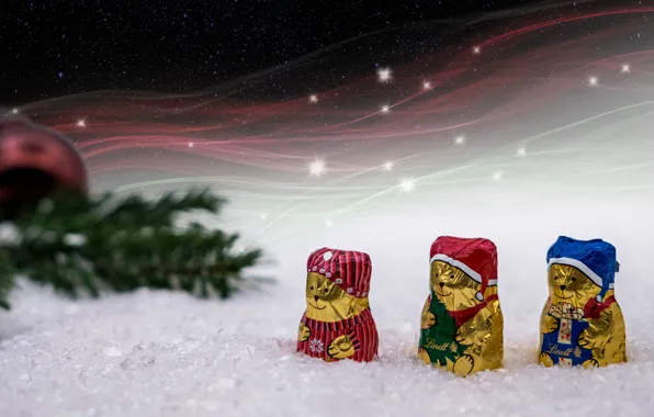 Winter, snow, night, branches, background, holiday, chocolate, bears
