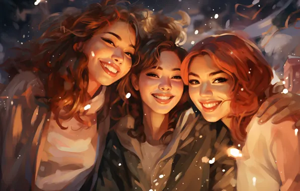 Picture Girls, Look, Smile, Christmas, New year, Joy, Three, Digital art