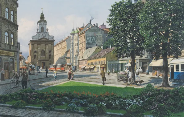 Picture The city, Trees, Church, Street, People, Picture, Austrian artist, Richard Pokorny